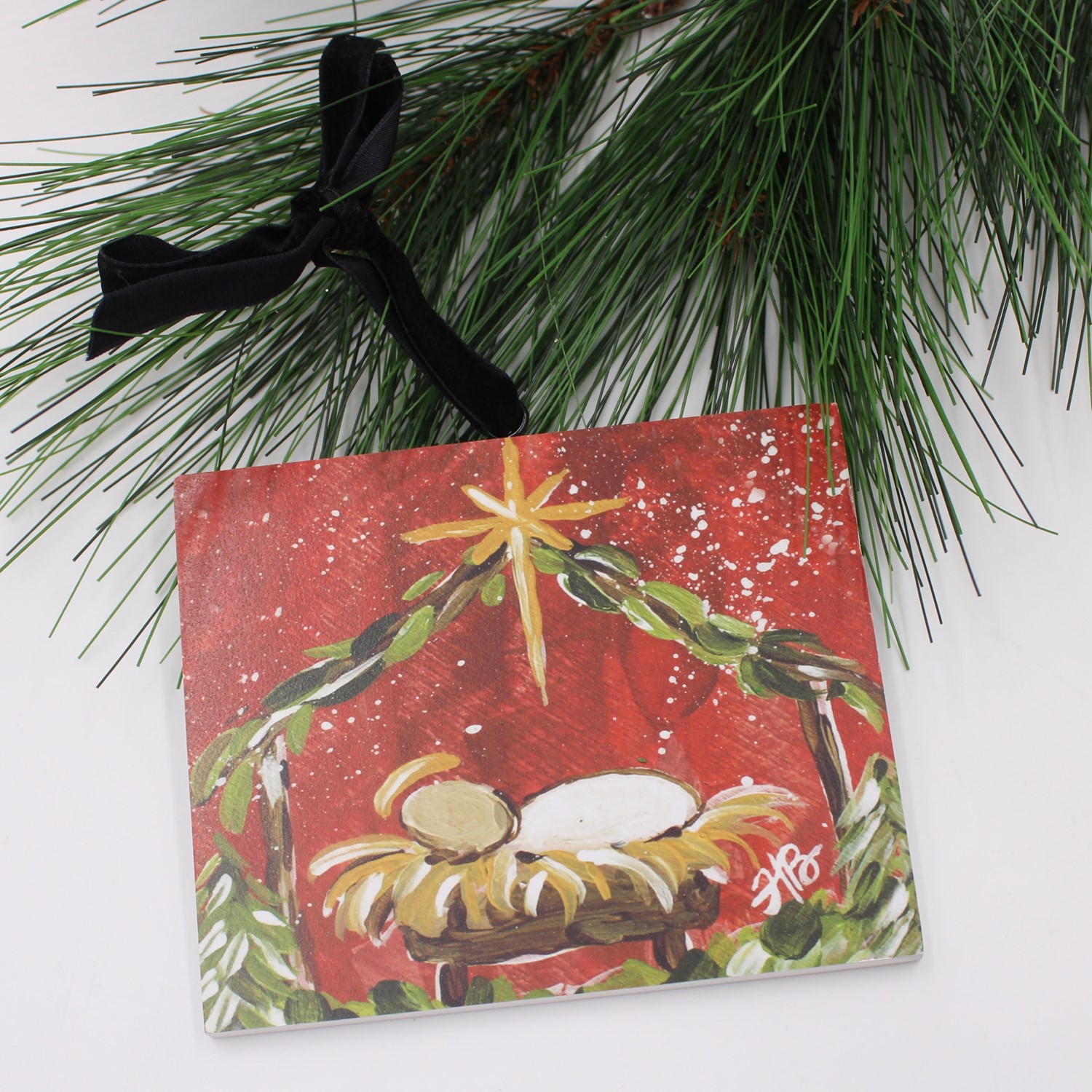 4.5" MDF Ornament Manger, Red ©Haley Bush HBX1040