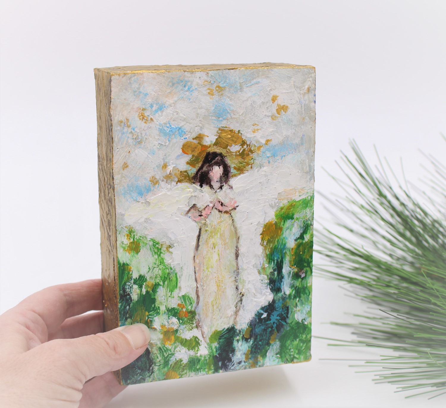 4x6" Handpainted Block, Abstract Angel, Green ©Tawnya Norton TNX6126