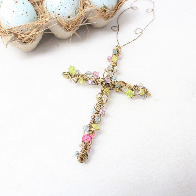 6x4" Gold Wire Cross with Multicolor Beads (11" with hanger) JM92016