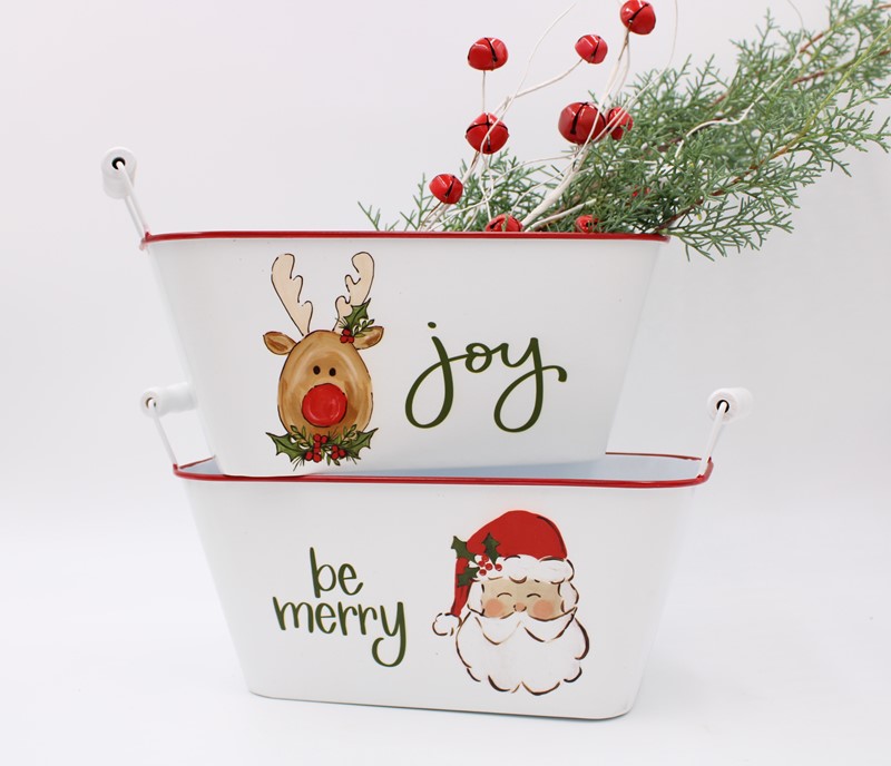 14" Metal Container with Handles, Santa/Reindeer, 2 Assorted ©Haley Bush HBX1000A