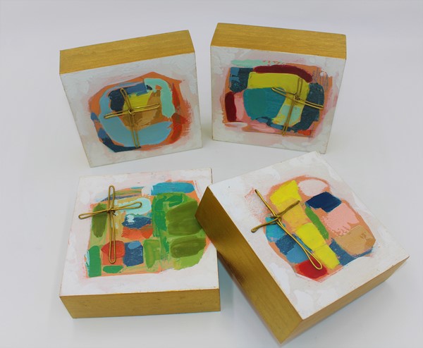 6x6x2" Abstract Block with Metal Cross, 4 assorted ©Candice Boatright CB1745A